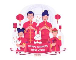 una familia china vestida con traje tradicional haciendo saludos de etiqueta con el puño y el gesto de la palma para celebrar el año nuevo lunar. ilustración vectorial vector