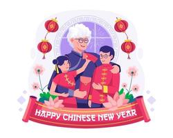 Grandmother giving lucky red envelopes to her two grandchildren. Happy Chinese New Year. Vector illustration in flat style