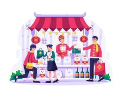 Asian people buy presents and goods from a traditional street market. Counter stall with goods and souvenirs. Chinese new year shopping illustration vector