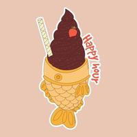 Traditional Japanese food. Asian Taiyaki sticker. Fish-shaped ice cream. Vector illistration