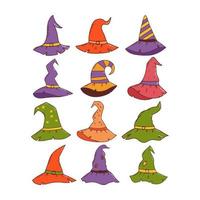 Set of witch hats. Halloween element. Trick or treat concept. Vector illustration in hand drawn style