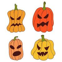 conjunto de calabazas de varias formas y colores con caras graciosas. elementos de halloween ilustración vectorial en estilo dibujado a mano vector