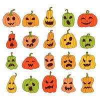 Set of pumpkin of various shapes and colors with funny faces. Halloween elements. Vector illustration in hand drawn style