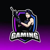 Gaming character mascot logo. Woman wearing rifle in shield for team game esport vector