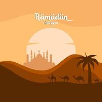 Landscape illustration of Ramadan kareem with silhouette of mosque, camel and date palm in desert vector