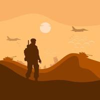 ilustración de la guerra del desierto, fondo del ejército, silueta de soldado, artillería, caballería, aerotransportado, avión de combate, destrucción de la ciudad, oriente medio. vector