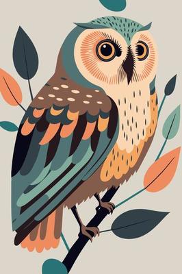 owl cartoon flat color vector poster. abstract owl wall art print background