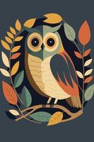 owl cartoon flat color vector poster. abstract owl wall art print background