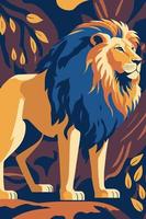 lion wild animal on leaf background, flat color vector illustration poster