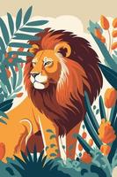 lion wild animal on leaf background, flat color vector illustration poster