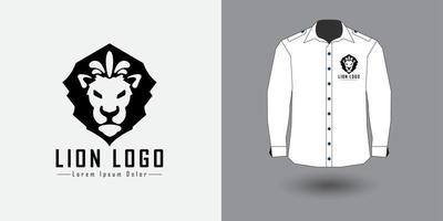 King of the jungle lion head logo design. The lion animal symbol is elegant and simple. Tribal Tattoo Design with white shirt template suitable for luxury brand identity and logo type. Vector design