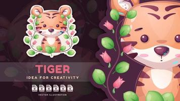 pegatina personaje de dibujos animados tigre adorable, bonita idea animal para camiseta impresa, afiche y sobre para niños, postal. lindo tigre de estilo dibujado a mano. vector