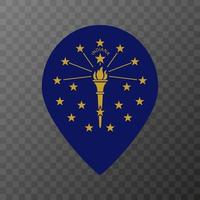 Map pointer with flag Indiana state. Vector illustration.