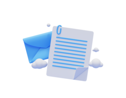 Blauer Umschlag mit Dokumentenpapier Newsletter Mailbox Web Icon 3D Illustration png