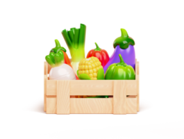 Wooden box with fresh and healthy vegetables cartoon 3d render illustration png
