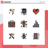 Mobile Interface Filledline Flat Color Set of 9 Pictograms of west road heart crossroads suitcase Editable Vector Design Elements