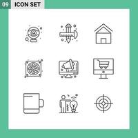 Universal Icon Symbols Group of 9 Modern Outlines of business fan building computer hut Editable Vector Design Elements