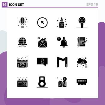 grupo de 16 signos y símbolos de glifos sólidos para elementos de diseño de vectores editables de biología de conocimiento de botella de laboratorio terrestre