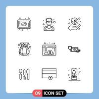 Mobile Interface Outline Set of 9 Pictograms of website browser hand terracotta india Editable Vector Design Elements