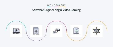 Software Engineering And Video Gaming Line Filled Flat 5 Icon Pack Including file. code. platform. sync. link vector