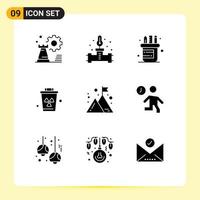Set of 9 Vector Solid Glyphs on Grid for company trash temperature pollution environment Editable Vector Design Elements