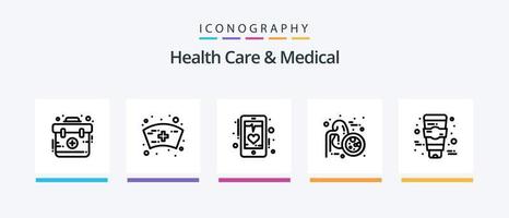 cuidado de la salud y paquete de iconos de la línea médica 5 que incluye la cara. tableta. Tubos de ensayo. píldora. equipo. diseño de iconos creativos vector