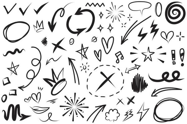 Abstract arrows, ribbons, fireworks, hearts, lightning,love , leaf, stars, cone, crowns and other elements in a hand drawn style for concept designs. Scribble illustration.