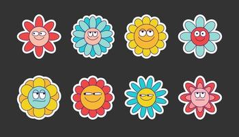 Y2K smile flower stickers. Funny emoticon groovy blossom patches. Cute cartoon flowers in trendy retro style vector