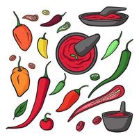 various Chili pepper vegetable and sambal chili sauce indonesian food cuisine handdrawn doodle vector