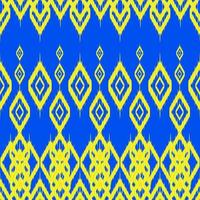 tela étnica ikat de patrones sin fisuras. forma de triángulo de diamante geométrico zigzag fondo amarillo y azul. patrones de líneas ikat tribales africanas ornamentadas. ilustración vectorial diseño vintage retro moderno. vector