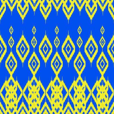 Fabric ethnic ikat seamless pattern. Geometric diamond triangle shape zigzag yellow and blue background. Ornate African tribal ikat line patterns. Vector illustration modern retro vintage design.