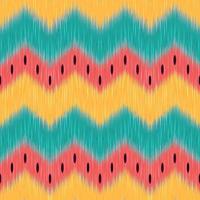 Uzbek zigzag ikat pattern. Yellow, green and red colors with tropical tone. Inspiration from watermelon. Traditional fabric in Uzbekistan, using in home decor, cushioned furniture and fashion design. vector