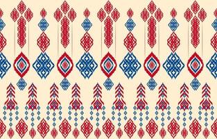 Asian folk geometric ethnic red blue line ikat seamless fabric pattern. Royal elegant eggshell color background. Embroidery mofif boho art print vector design for clothing textile vintage retro style.