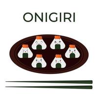 Vector illustration of Onigiri in the style of kawaii. Japanese fast food made of rice with a filling formed in the form of a triangle of nori seaweed.