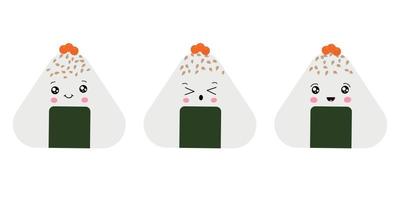 ilustración vectorial de onigiri al estilo de kawaii. comida rápida japonesa hecha de arroz con un relleno en forma de triángulo de alga nori. vector