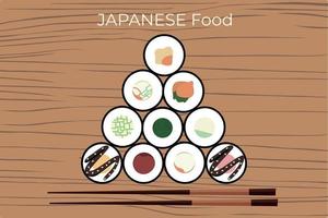 Vector icon set of yummy colored sushi rolls. Collection of different flavours and kinds. Traditional Japanese food. Asian seafood group