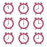 Set of red alarm clocks. Vector illustration in flat style isolated on white background.