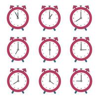 Set of red alarm clocks. Vector illustration in flat style isolated on white background.