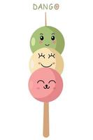 Traditional Japanese dessert Dango on a white background. Hanami Dango. Vector of Japanese dessert Dango in the style of kawaii.