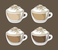 Coffee drink with foam and toppings in a glass mug with different milk ratio set. Clip art vector illustration for cafe shop menu, prints and design elements, etc. Latte, espresso, cappuccino, black