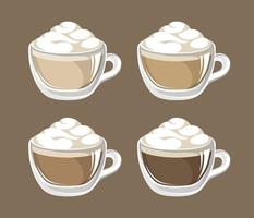 Coffee drink with frothy foam in a glass mug with different milk ratio set. Clip art vector illustration for cafe shop menu, prints and design elements, etc. Latte espresso cappuccino, pure black