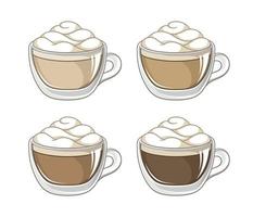 Coffee drink with foam in a small glass mug with different milk ratio set. Clip art vector illustration for cafe shop menu, prints and design elements, etc. Latte, espresso, cappuccino, dark black.