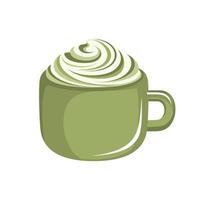 Matcha latte with whipped cream in a small cute green mug. Cafe restaurant menu beverage drink vector illustration.