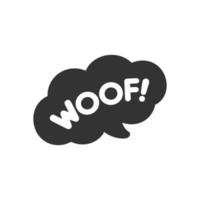 Woof white text in a dark black speech bubble balloon. Cartoon comics dog bark sound effect and lettering. Simple flat vector illustration silhouette on white background.