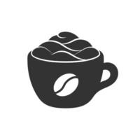 Cup of coffee with foam and cream on mug with coffee bean sign silhouette. Simple minimal flat icon or logo for cafe shops, beverages, caffeine, restaurants, etc. Vector illustration.