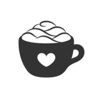 Cup of coffee with foam, cream and heart symbol on mug silhouette. Simple flat icon and logo for cafe shops, beverages, caffeine, restaurants, etc. Vector illustration design.