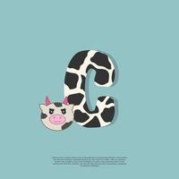 cow skin letter C with cute cow sticker doodle icon vector