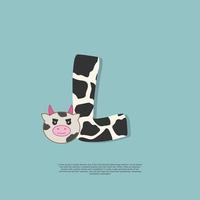 cow skin letter L with cute cow sticker doodle icon vector