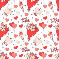 Seamless pattern for Valentine's Day. Seamless vector with flowers and ice cream in red and orange for paper or fabric print.