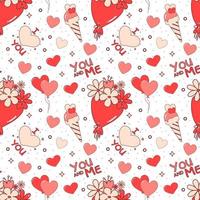 Seamless pattern for Valentine's Day. Seamless vector with flowers and ice cream in red and orange for paper or fabric print.